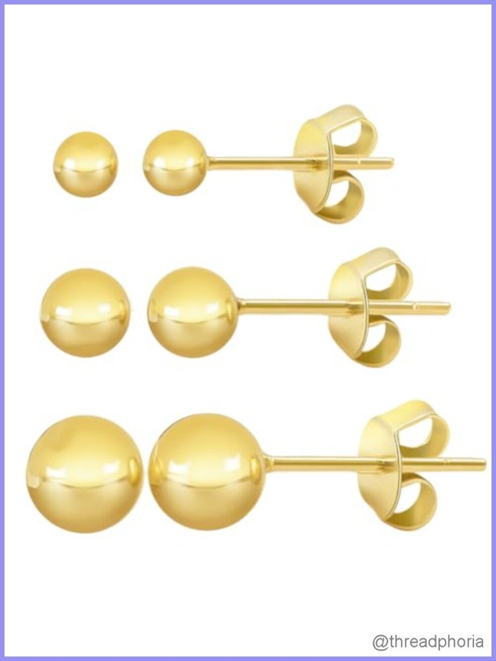 14K Gold Plated Ball Stud Earrings Set 3 Pairs Push Back